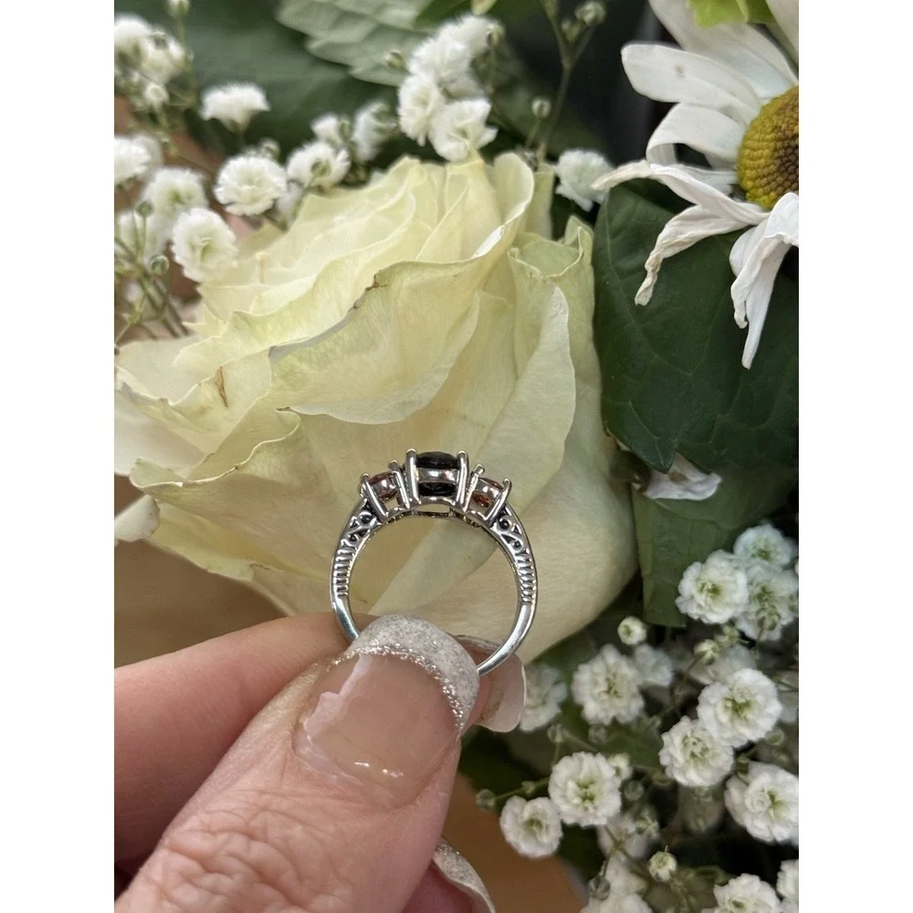 2.73 Cttw Onyx and Garnet 3 Stone‎ Ring For Women | 925 Sterling Silver |